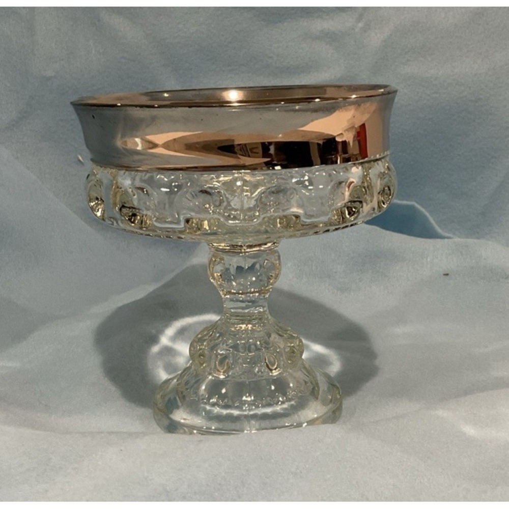 Compote‎ Kings Crown Glass Thumbprint Indiana Candy Dish Silver Rim Vintage